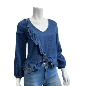 Madewell Ruffle V Neck Denim Blouse Blue Chambray Peplum Top Size S